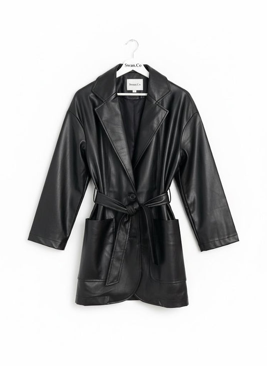 Siyah Kemerli Deri Ceket