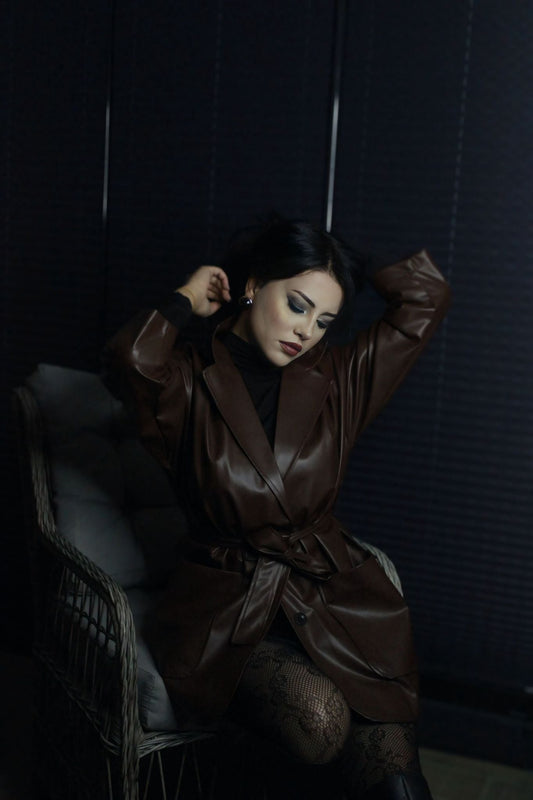 Acı Kahve Kemerli Deri Ceket