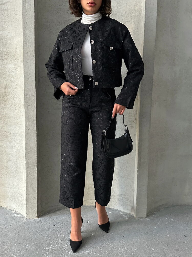 Nakışlı Siyah Pantolon