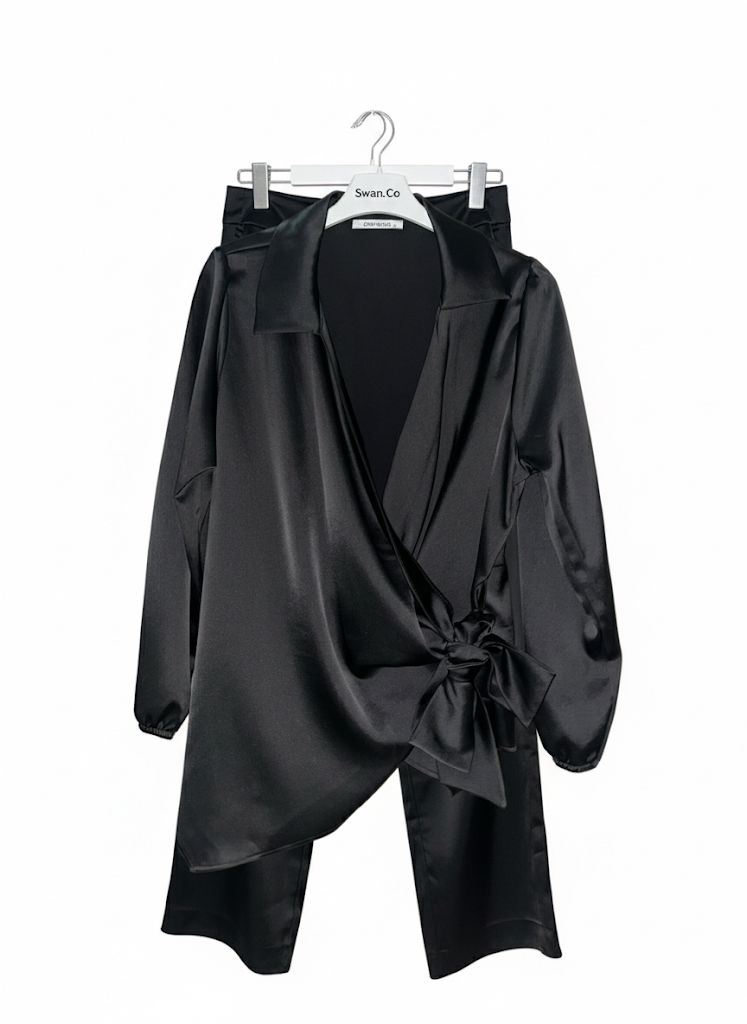 Premium Önden Bağlamalı Siyah Saten Takım