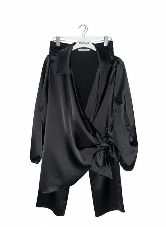 Premium Önden Bağlamalı Siyah Saten Takım