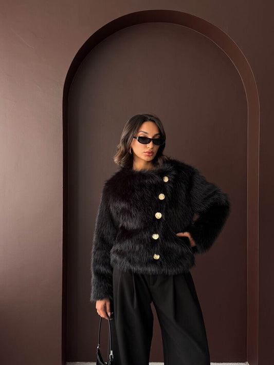 Tavşan Tüyü Düğmeli Kürk